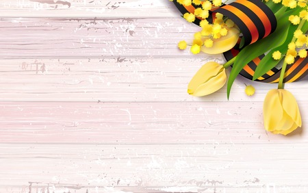 Black and orange ribbon of St George , yellow tulips and mimosa branch  on pink shabby wooden background. May 9 russian holiday victory day. Vector illustrationのイラスト素材