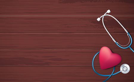 Pink heart and stethoscope on brown wooden background. Happy nurse day concept. Vector illustrationのイラスト素材