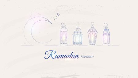 Hand Drawn Illusration of Ramadan Lanterns with Lights on Shabby Background. Vector Illustrationのイラスト素材