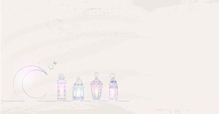 Hand Drawn Illusration of Ramadan Lanterns with Lights on Shabby Background. Vector Illustrationのイラスト素材