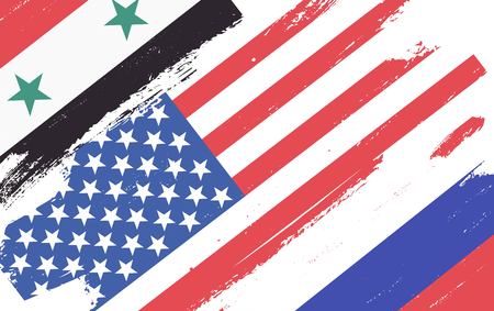 Flags of USA, Russia and Syria isolated on white background. Vector illustrationのイラスト素材