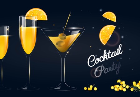 Glasses of cocktails on dark background. Vector illustrationのイラスト素材