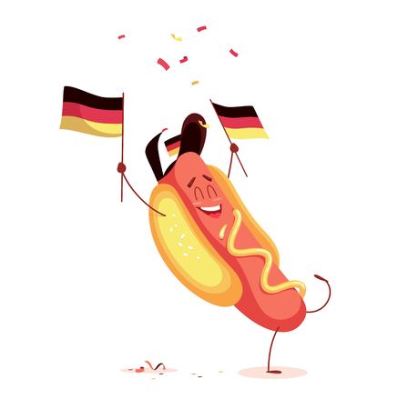 Funny cartoon hot dog holding germany flag. Vector illustrationのイラスト素材