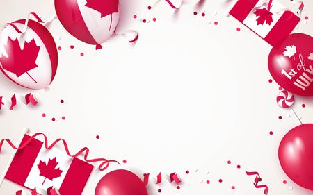 1st of July. Canada independence day celebration background with balloons, flag and confetti. Festive frame flat lay. Vector illustrationのイラスト素材