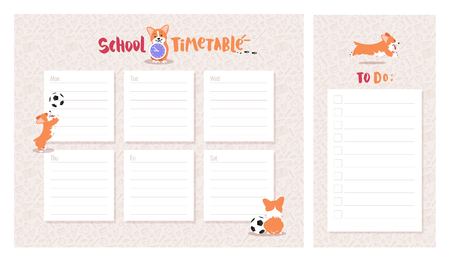 School timetable and to do list with cute welsh corgi dog character. Vector illustration.のイラスト素材