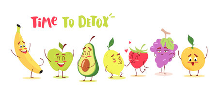 Cute cartoon fruits with happy emotions. Time to detox concept. Vector illustrationのイラスト素材