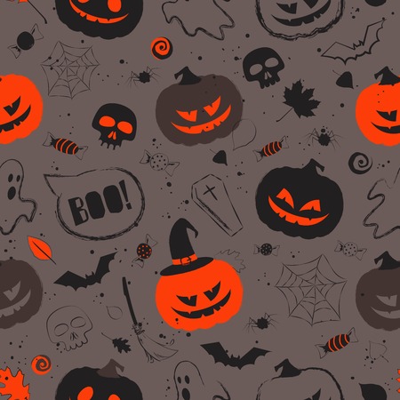 Halloween black orange seamless pattern with main symbols - pumpkins, skull, spiderweb, ghost and bats. Vector illustrationのイラスト素材