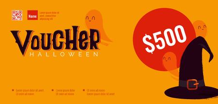 Halloween gift voucher template with ghosts and witch hat. Vector illustrationのイラスト素材