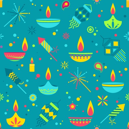 Diwali colorful seamless pattern with main holiday symbols. Vector illustrationのイラスト素材