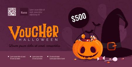 Halloween gift voucher template with pumpkin and witch hat. Vector illustrationのイラスト素材