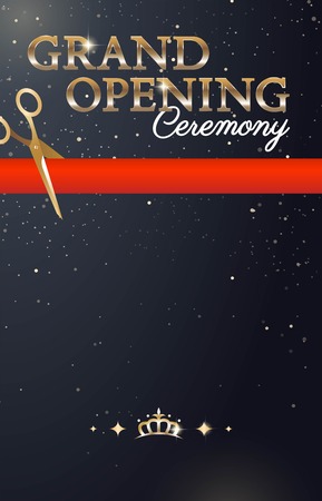 Grand opening sparkling banner with gold text and red ribbon. Elegant style. Vector Illustrationのイラスト素材