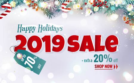 Big Christmas Sale banner with fir branches, berries and candies isolated on snowy background. Vector illustrationのイラスト素材