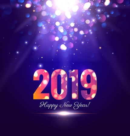 Happy new year 2019 sparkling background with magic lights. Vector illustrationのイラスト素材