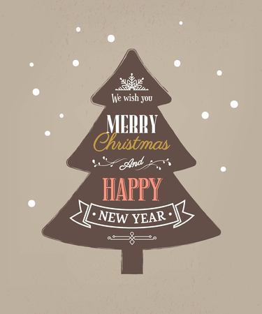 Merry Christmas and Happy new year text in the shape of tree. Winter vector illustrationのイラスト素材
