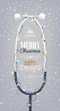 Merry christmas and Happy new year holiday medical background with stethoscope, christmas lights and snowflakes. Vector illustrationのイラスト素材