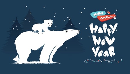 Happy new year and merry christmas funny cartoon vector illustration with bear mom, cub and pine trees.のイラスト素材