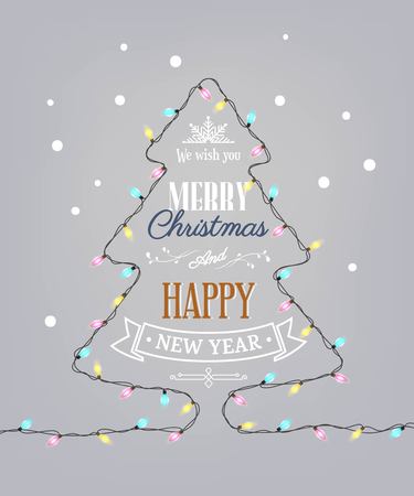 Merry Christmas and Happy new year text in the shape of tree with light bulbs. Winter vector illustrationのイラスト素材