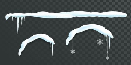 Set of isolated snow caps, snowflakes, snowballs, icicles, and snowdrifts. Winter decorations. Vector illustrationのイラスト素材