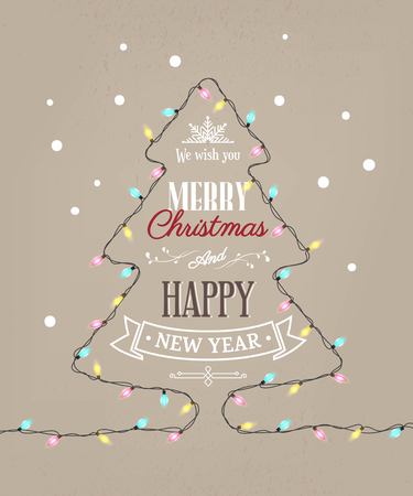 Merry Christmas and Happy new year text in the shape of tree with light bulbs. Winter vector illustrationのイラスト素材