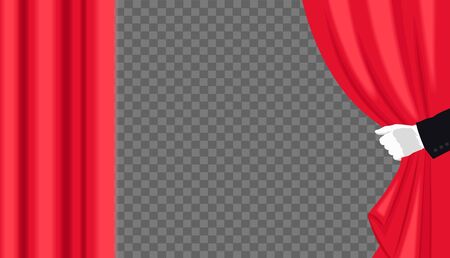 Hand in white glove open red curtain. Vector illustrationのイラスト素材