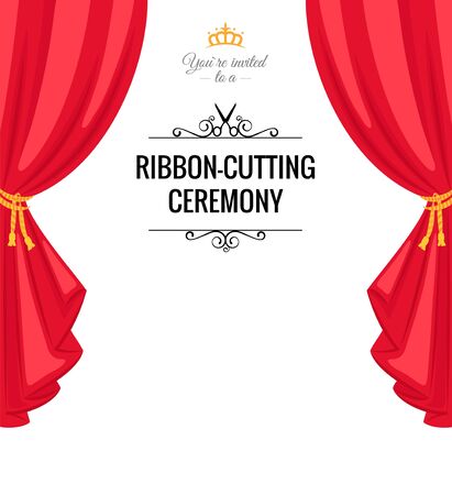 Ribbon-cutting ceremony poster with  red curtains. Vector illustrationのイラスト素材