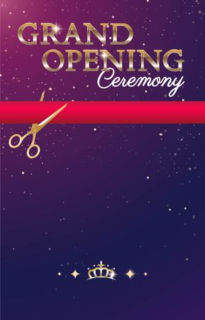 Grand opening sparkling banner with gold text and red ribbon. Elegant style. Vector Illustrationのイラスト素材