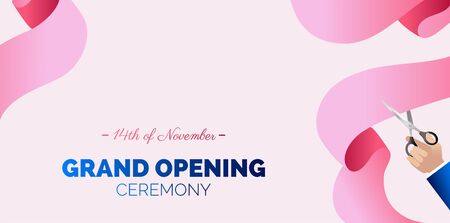 Grand opening horizontal banner. Hand holding scissors and cutting pink ribbon.   Vector Illustrationのイラスト素材