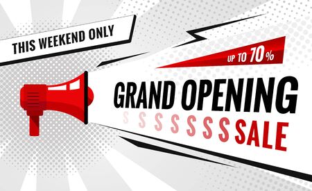 Grand opening sale banner. Sale poster with geometric shapes and megaphone.  Vector background in pop art style.  Vector illustration.のイラスト素材