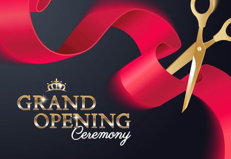 Grand opening ceremony poster with curving ribbon and gold scissors. Vector illustrationのイラスト素材