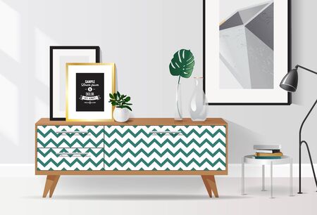 Wooden sideboard with plants and posters on it against white wall. Modern interior with tropical elements and geometric patterns. Vector illustrationのイラスト素材