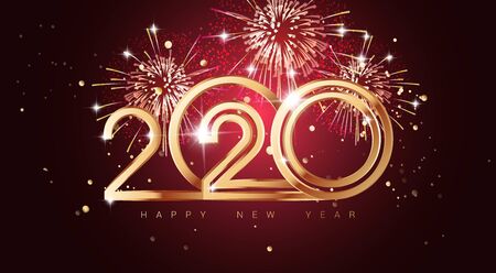 Happy new year 2020 holiday background with gold numbers 2020 and fireworks in black and gold colors. Vector illustrationのイラスト素材