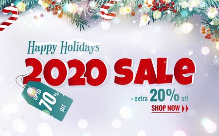 Big Christmas Sale banner with fir branches, berries and candies isolated on snowy background. 2020 new year vector illustrationのイラスト素材