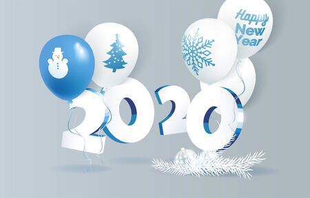 Happy new year holiday background with 3d numbers 2020 and blue and white  balloons. Christmas celebration beautiful poster. Vector illustrationのイラスト素材
