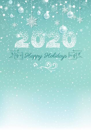 2020 Christmas greeting card with snowy background, Christmas decorations and numbers 2020. Vector illustrationのイラスト素材