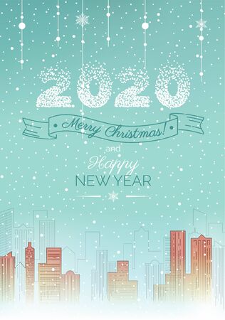 2020 Happy New Year holiday card. Christmas greeting card with winter urban landscape and snowy streets. Vector illustrationのイラスト素材