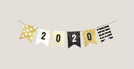New year 2020 festive bunting flags with white, black and gold patterns. Vector illustrationのイラスト素材