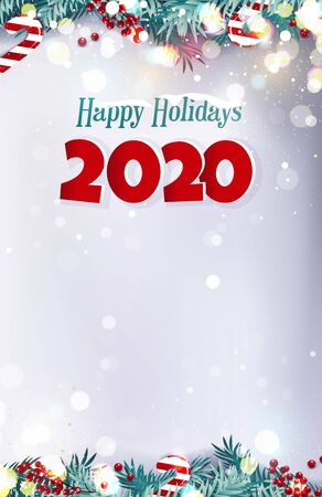 Happy holidays 2020 Christmas snowy background with fir branches, berries, xmas lights and candies. Vector winter illustrationのイラスト素材