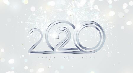 Happy new year 2020 holiday background with 3d numbers 2020, fireworks and Christmas lights in silver colors. Vector illustrationのイラスト素材