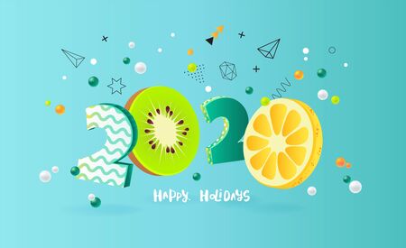 Happy new year 2020 holiday background with 3d numbers 2020 in juicy colors. Vector illustrationのイラスト素材