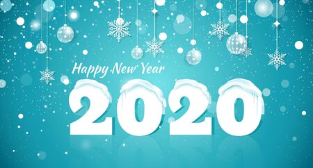 Happy new year 2020 Text Design. 2020 snow number illustration. Happy holidays banner with snowflakes and icicles isolated on blue sparkling background.  Vector illustration.のイラスト素材