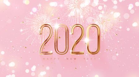 Happy new year 2020 holiday background with 3d numbers 2020, fireworks and Christmas lights in pink and gold colors. Vector illustrationのイラスト素材
