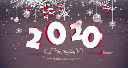 Happy new year 2020 Text Design. 2020 3d vector illustration. Happy holidays banner with snowflakes and Christmas decoration isolated on wooden background. Greeting card.のイラスト素材
