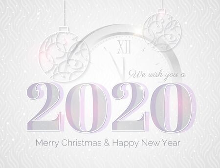 2020 Happy new year greeting card with numbers 2020, clock and Christmas baubles. Elegant Christmas silver background.  Vector illustration.のイラスト素材