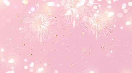 Festive background with fireworks and lights in pink and gold colors. Vector illustrationのイラスト素材