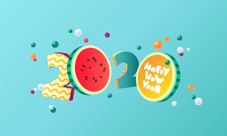 Happy new year 2020 holiday background with 3d numbers 2020 in juicy colors. Vector illustrationのイラスト素材