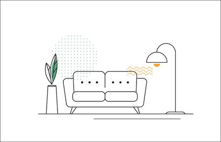 Vector Line Illustration with Sofa, Floor Lamp and Flower.のイラスト素材