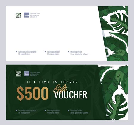 Gift voucher templates with tropical plant leaves. Summer, spa, resort concept. Vector illustrationのイラスト素材