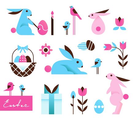 Bright Colorful Easter Icons, Main Symbols in Cartoon Geometric Style. Vector Illustrationのイラスト素材