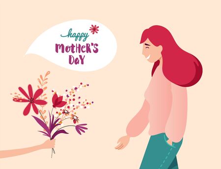 Vector Illustration Of Happy Mother  Receiving Flowers from Her Child.  Happy Mother`s Day Greeting Card.のイラスト素材