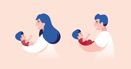 Vector Illustration Of Mother and Father Holding Baby Son In Arms. のイラスト素材